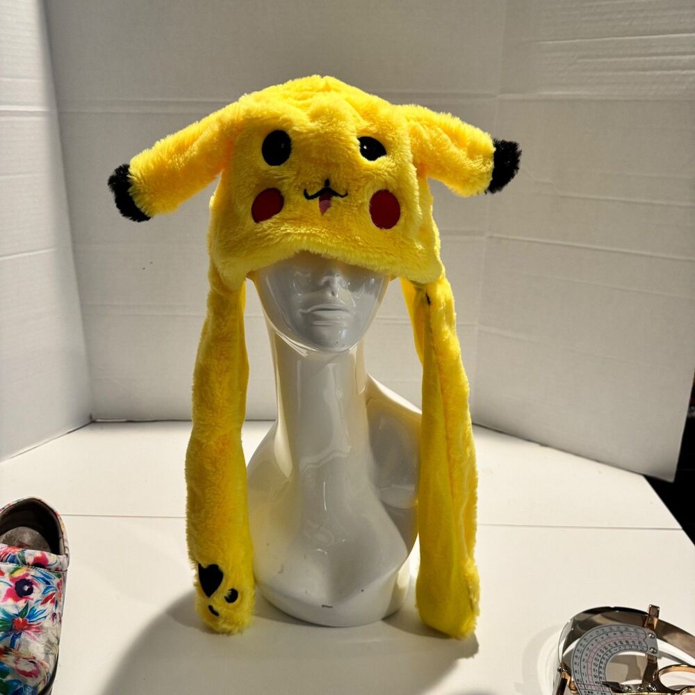 Pikachu Plush Moving Ear Hat Yellow Cartoon Anime Floppy Ear Trapper Hat unbrand